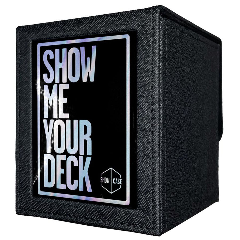 Black textured trading card deck box with holographic 'SHOW ME YOUR DECK' text on a front label and 'SHOW CASE' logo