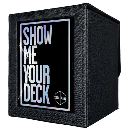 Black textured trading card deck box with holographic 'SHOW ME YOUR DECK' text on a front label and 'SHOW CASE' logo