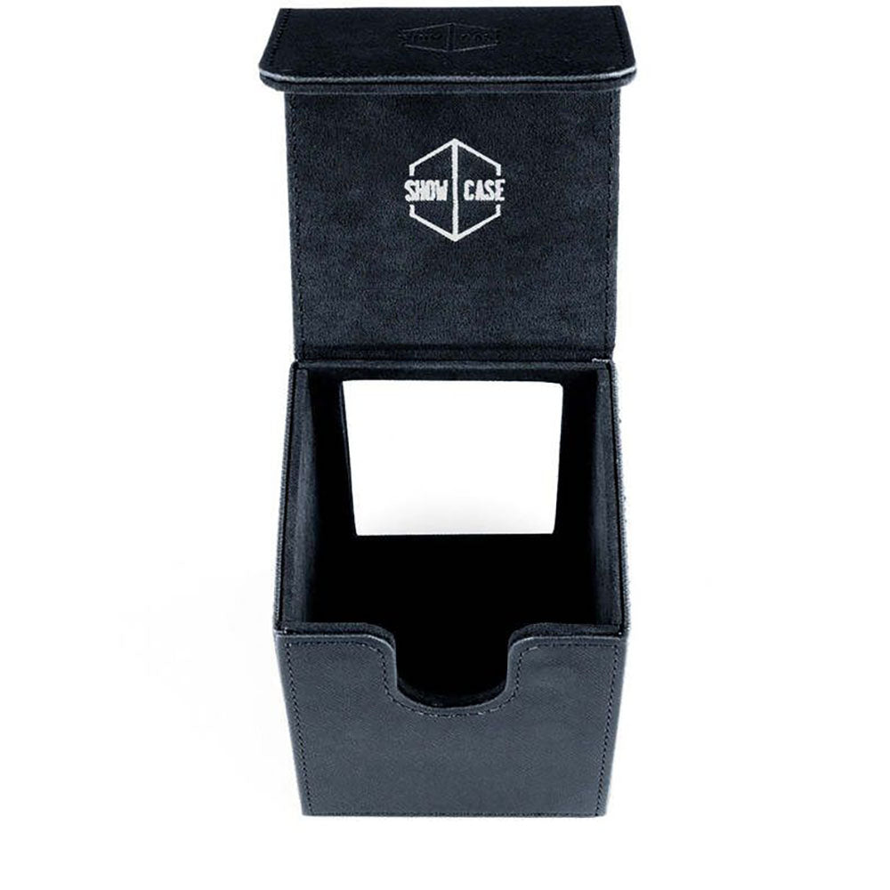 Open black faux leather card storage box with white 'SHOW CASE' logo on the lid and a front thumb cutout