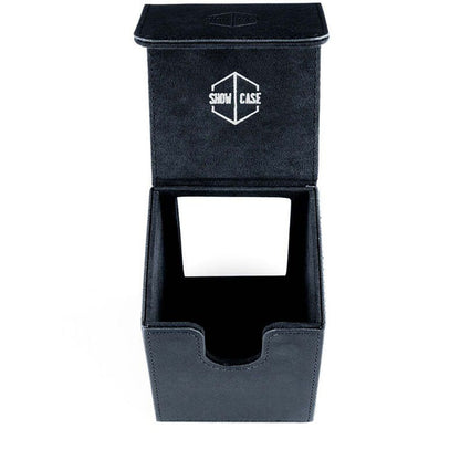 Open black faux leather card storage box with white 'SHOW CASE' logo on the lid and a front thumb cutout