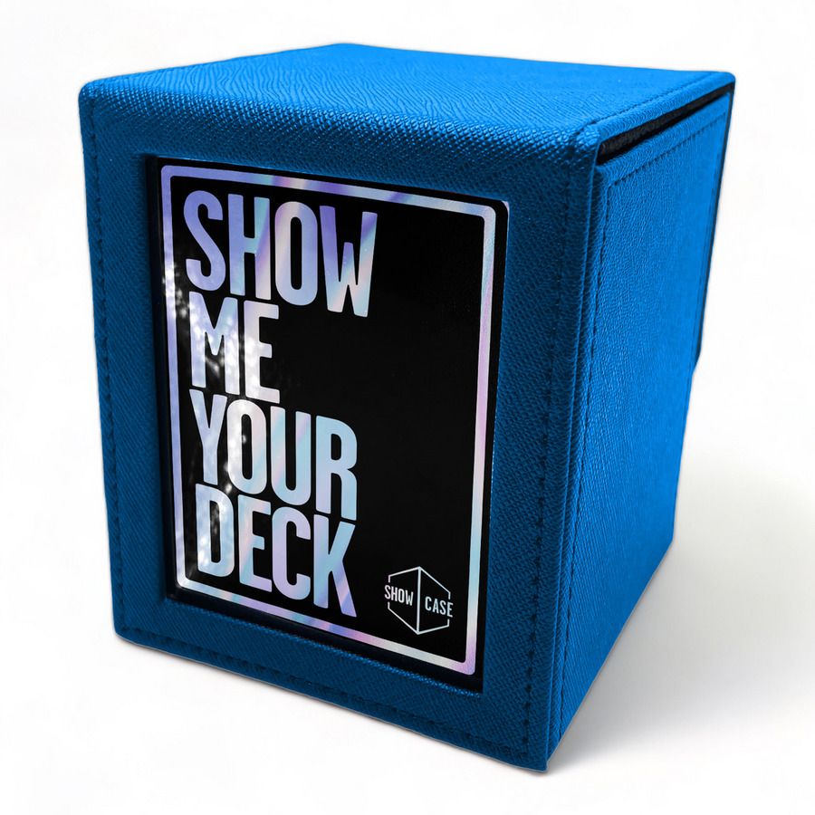 Blue textured trading card deck box with holographic 'SHOW ME YOUR DECK' text on a front label and 'SHOW CASE' logo