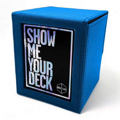 Blue textured trading card deck box with holographic 'SHOW ME YOUR DECK' text on a front label and 'SHOW CASE' logo