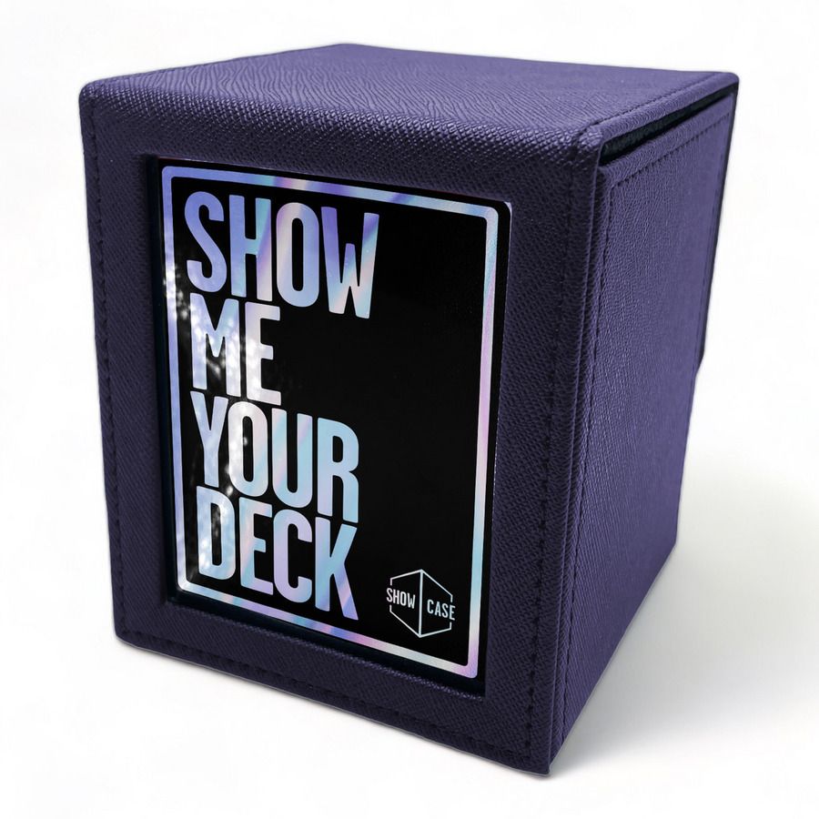 Purple textured trading card deck box with holographic 'SHOW ME YOUR DECK' text on a front label and 'SHOW CASE' logo