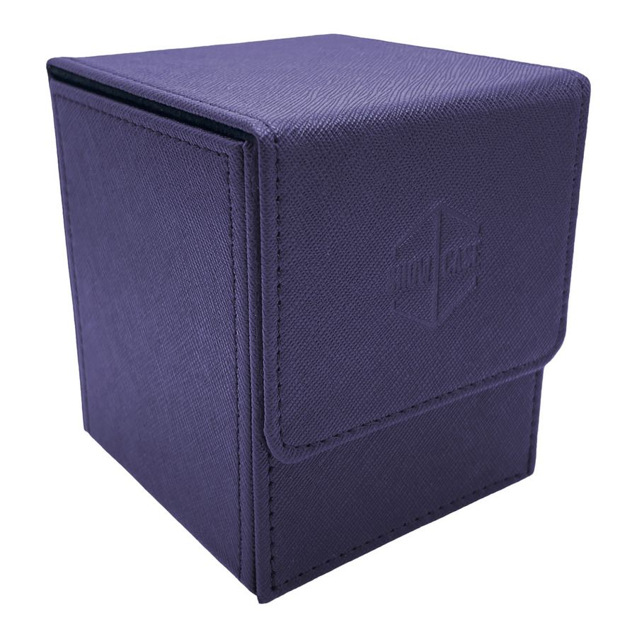Purple textured card deck box with "SHOW CASE" embossed logo and flap closure