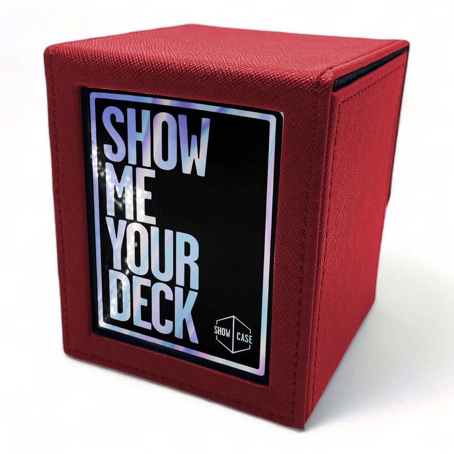 Red textured trading card deck box with holographic 'SHOW ME YOUR DECK' text on a front label and 'SHOW CASE' logo