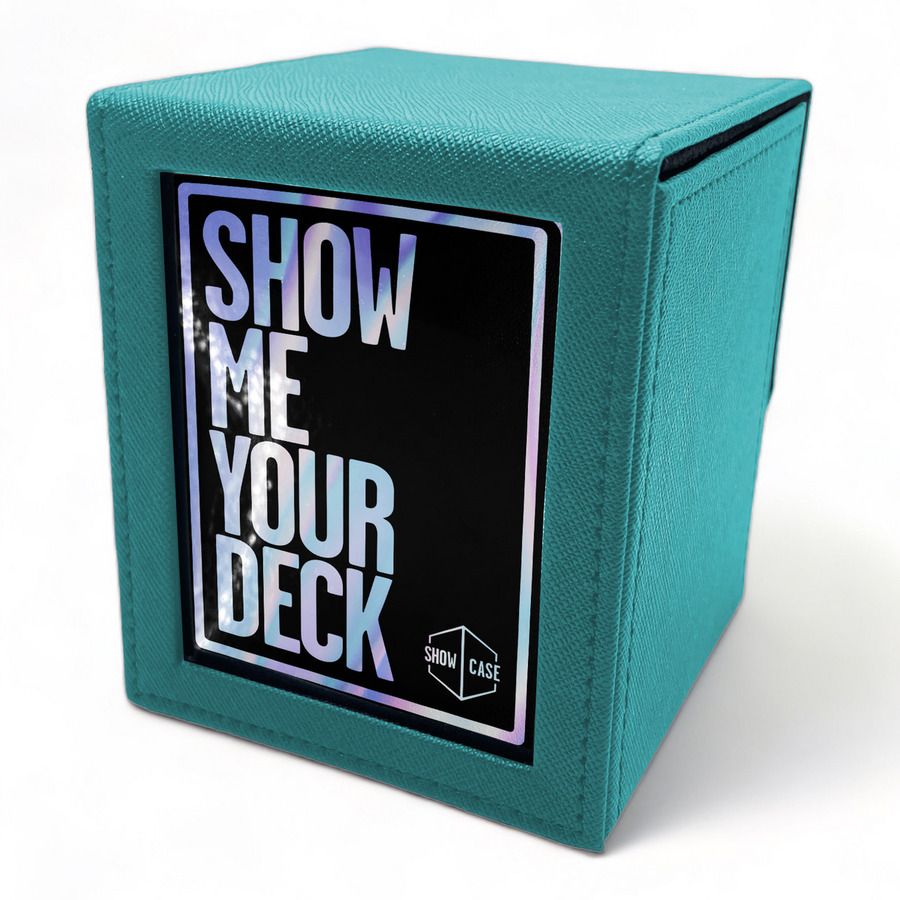 Teal textured trading card deck box with holographic 'SHOW ME YOUR DECK' text on a front label and 'SHOW CASE' logo