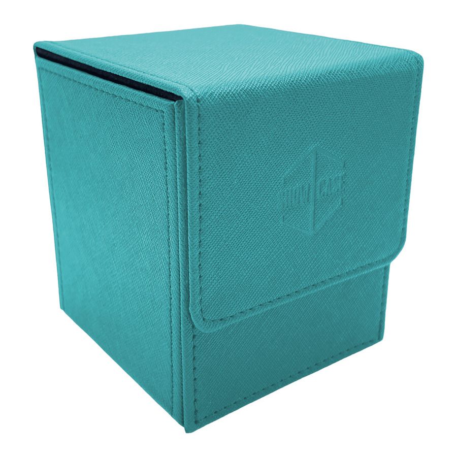 Teal textured card deck box with "SHOW CASE" embossed logo and flap closure