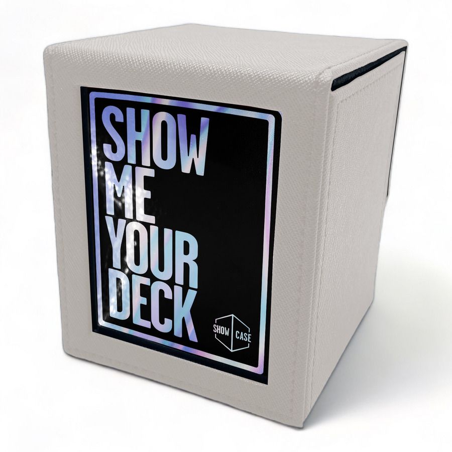 White textured trading card deck box with holographic 'SHOW ME YOUR DECK' text on a front label and 'SHOW CASE' logo