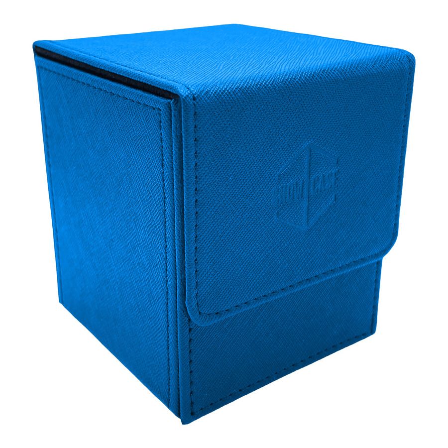 Blue textured card deck box with "SHOW CASE" embossed logo and flap closure