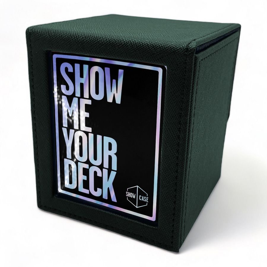 Green textured trading card deck box with holographic 'SHOW ME YOUR DECK' text on a front label and 'SHOW CASE' logo