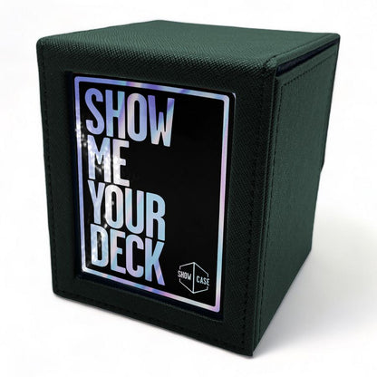 Green textured trading card deck box with holographic 'SHOW ME YOUR DECK' text on a front label and 'SHOW CASE' logo