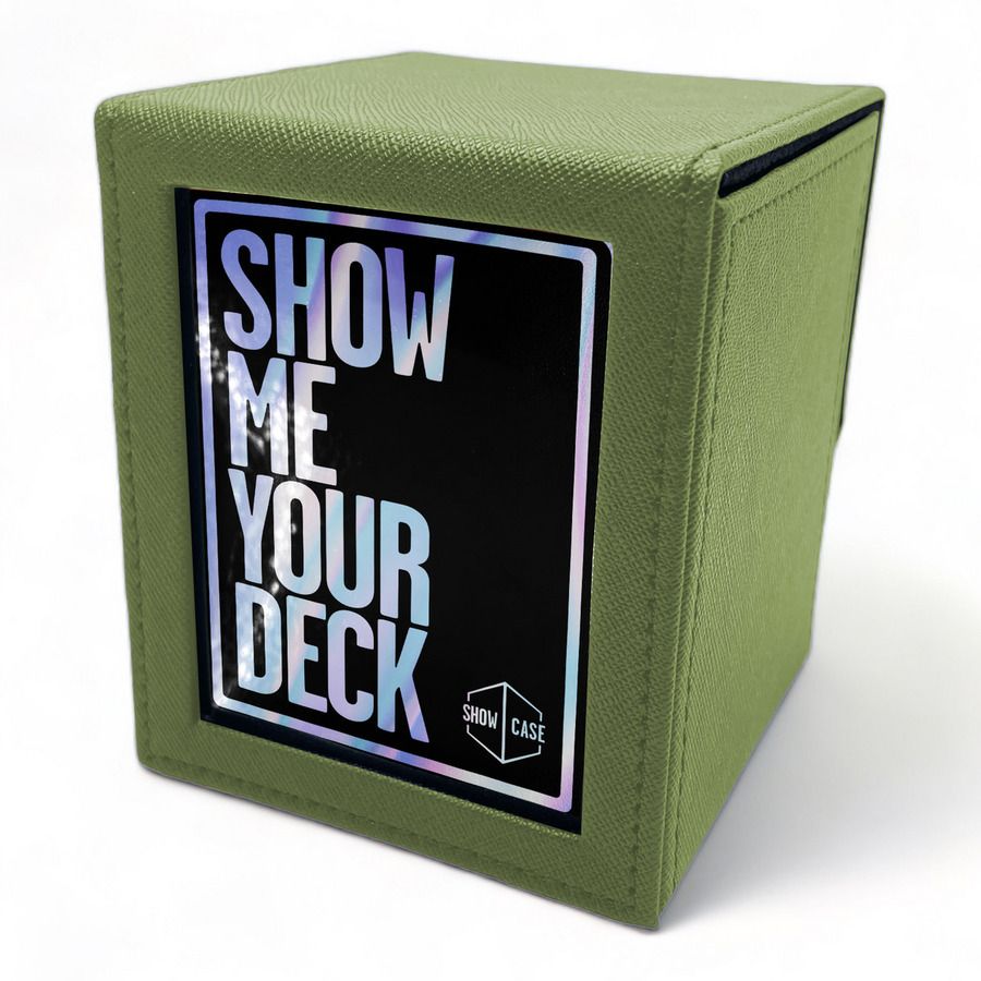 Lime textured trading card deck box with holographic 'SHOW ME YOUR DECK' text on a front label and 'SHOW CASE' logo