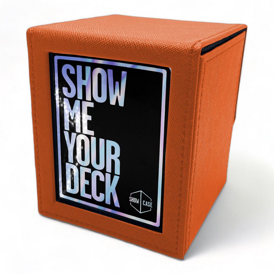Orange textured trading card deck box with holographic 'SHOW ME YOUR DECK' text on a front label and 'SHOW CASE' logo