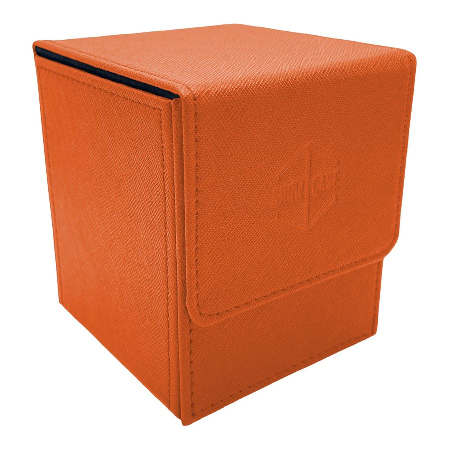 Orange textured card deck box with "SHOW CASE" embossed logo and flap closure