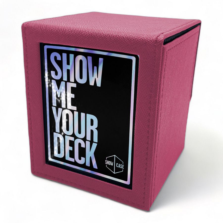 Pink textured trading card deck box with holographic 'SHOW ME YOUR DECK' text on a front label and 'SHOW CASE' logo