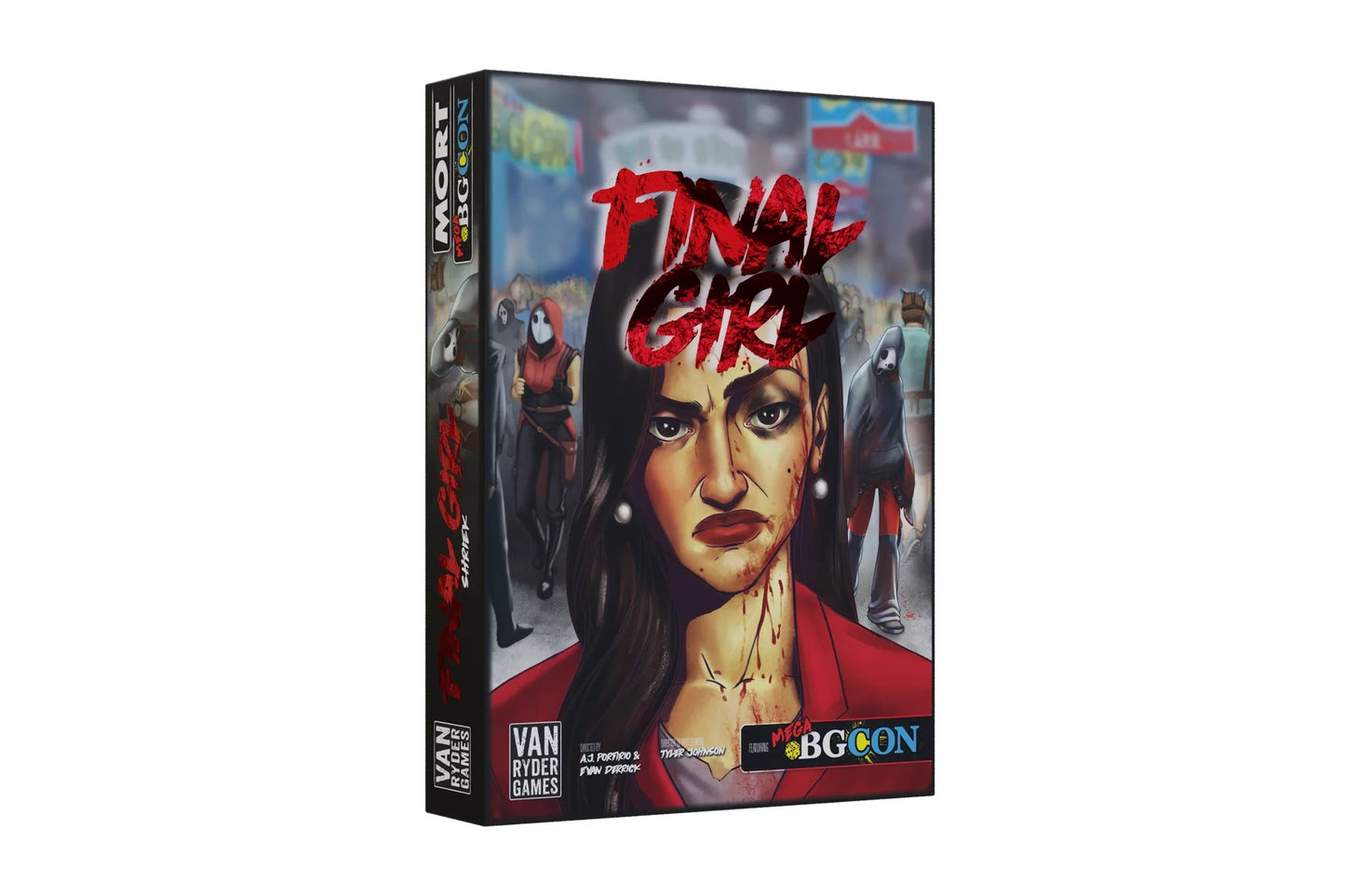 Final Girl horror board game box featuring a bloodied woman facing masked figures in a dark city