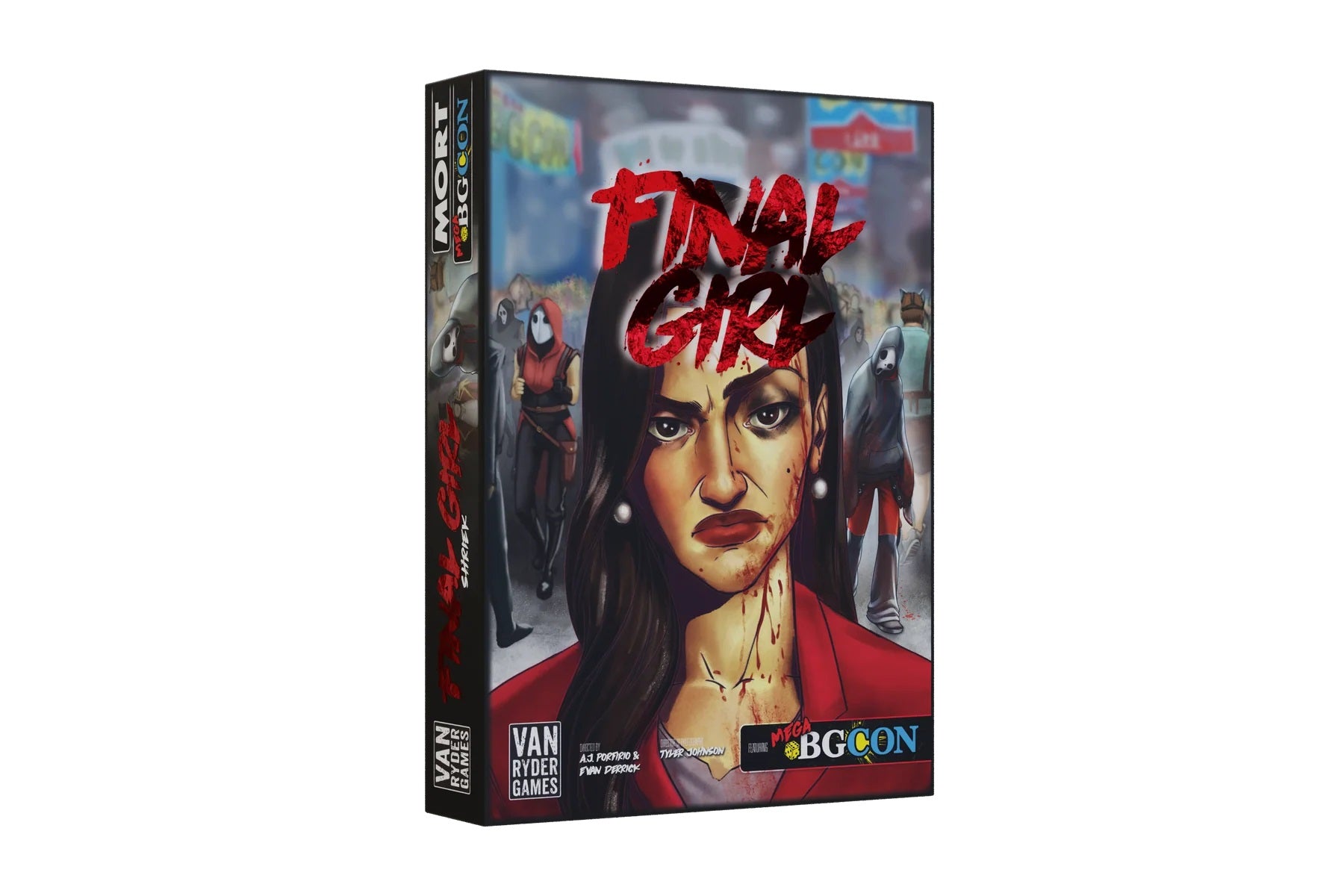 Final Girl horror board game box featuring a bloodied woman facing masked figures in a dark city
