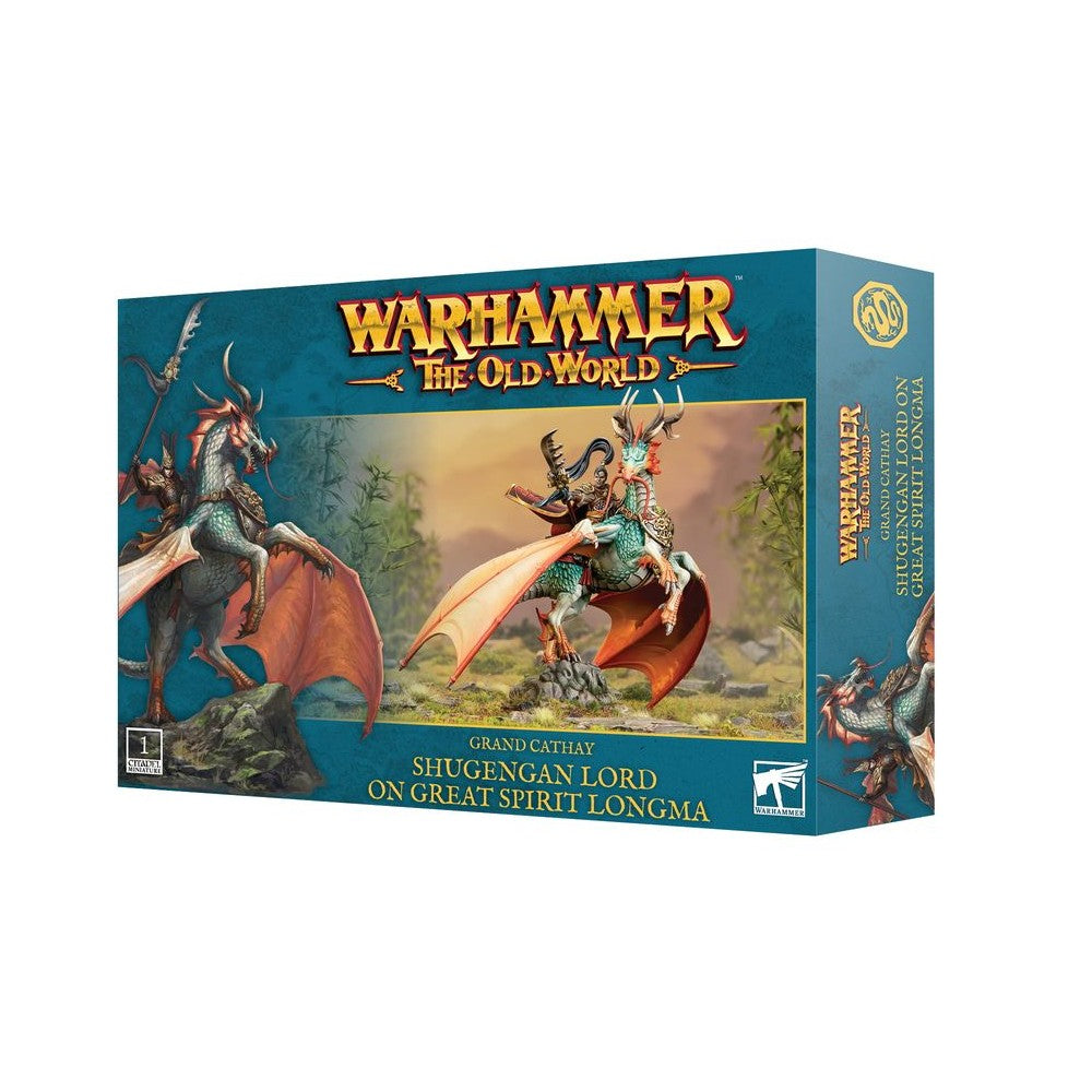 Warhammer: The Old World box art: Shugengan Lord riding a winged, dragon-like Great Spirit Longma