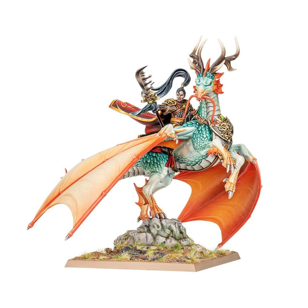 Miniature of a golden-armored rider on a teal antlered dragon with vibrant orange wings, rearing