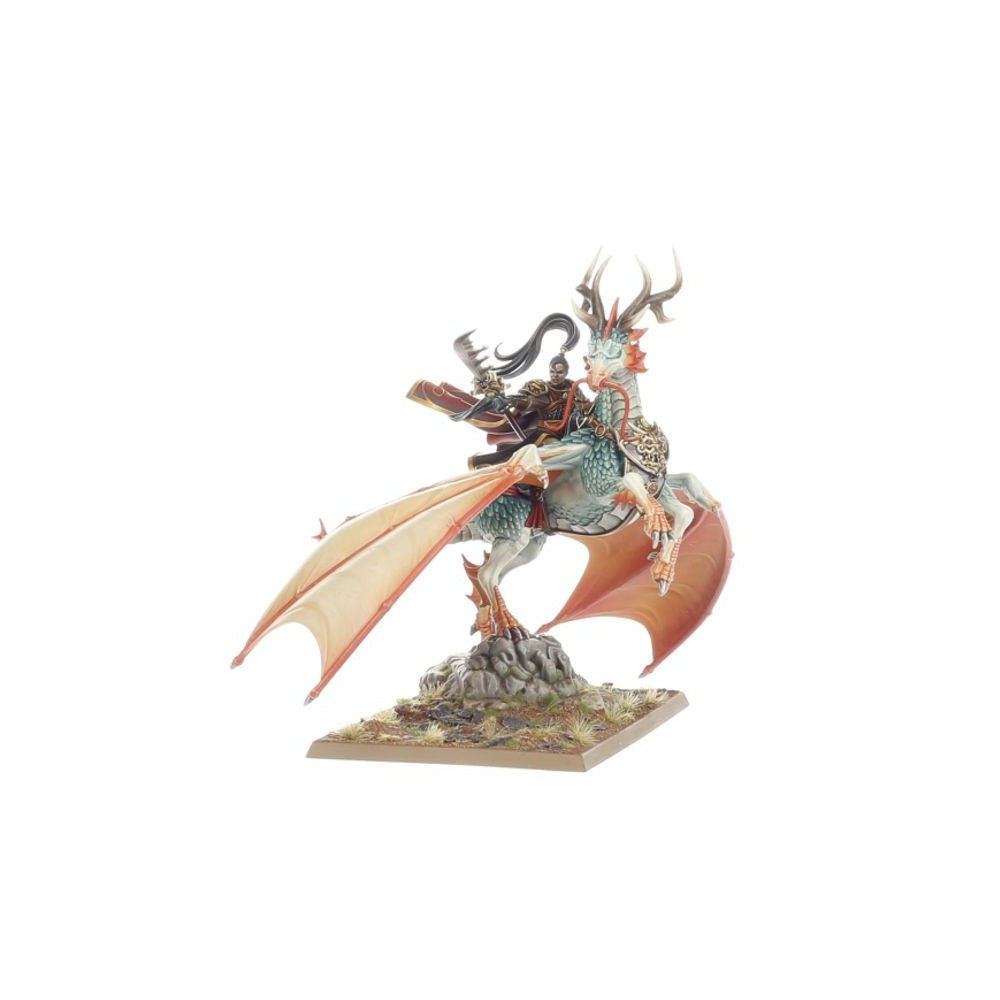Miniature of a warrior on a dynamically posed, antlered winged creature with orange wings