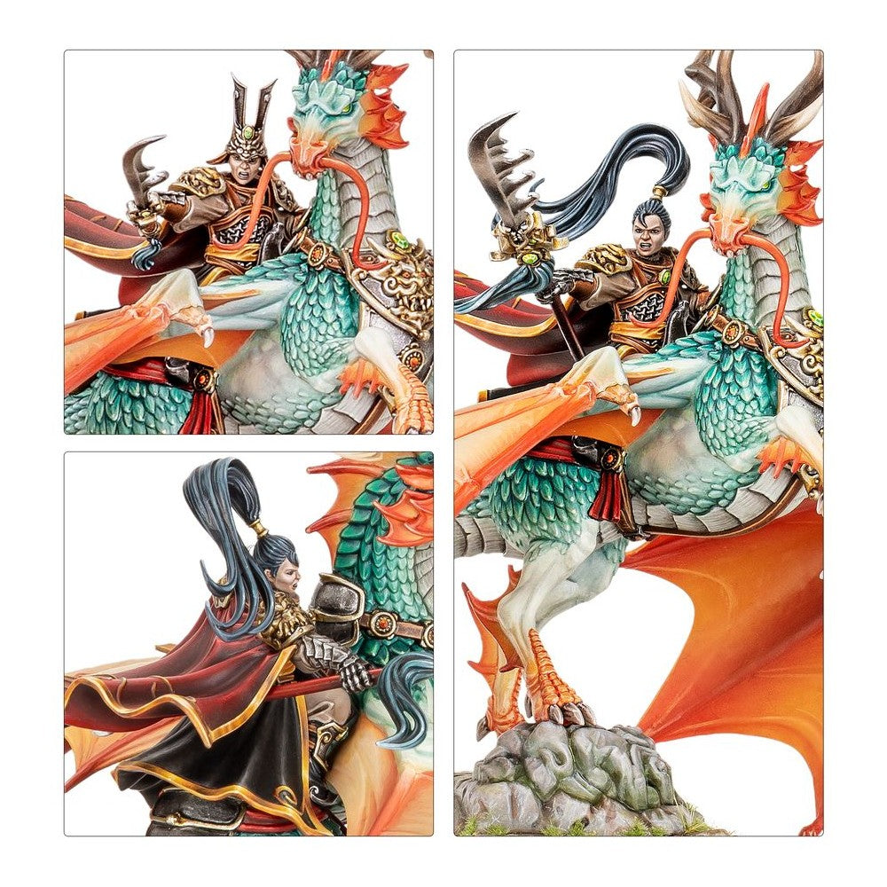 Miniature of a warrior on a vibrant turquoise and orange dragon, holding a curved blade