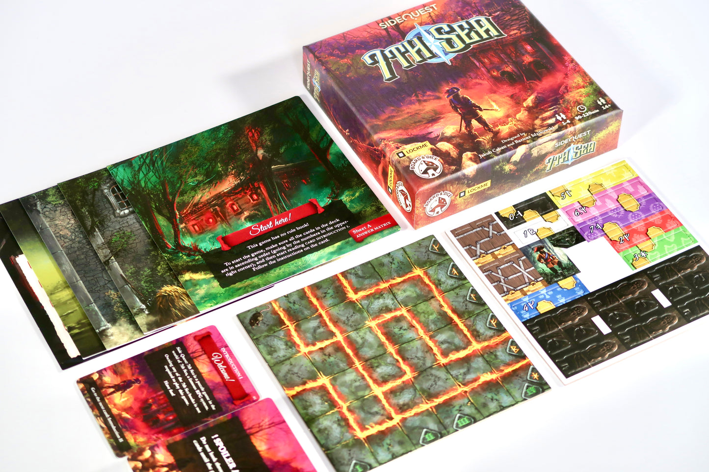 Complete game setup of 'Side Quest: 7th Sea', showing cards, tokens, and puzzle tiles arranged on a table