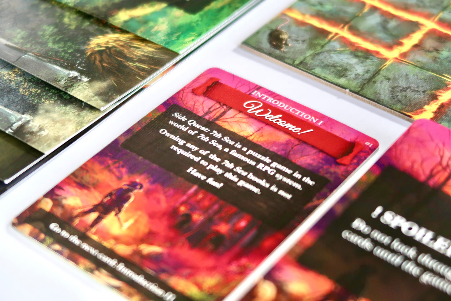 Close-up of map tiles, character cards, and tokens from 'Side Quest: 7th Sea' laid out during play