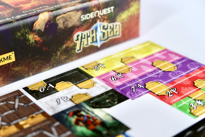 Close-up of item cards and tokens from 'Side Quest: 7th Sea', featuring pirate-themed artwork and symbols