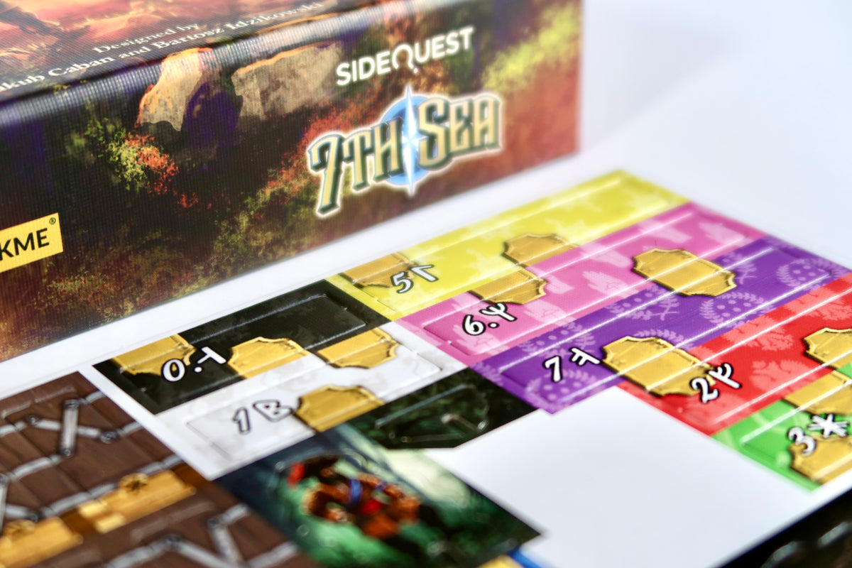 Close-up of item cards and tokens from &#39;Side Quest: 7th Sea&#39;, featuring pirate-themed artwork and symbols