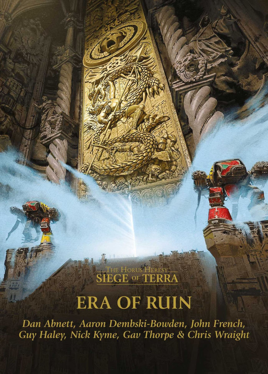 Golden relief of a warrior fighting a dragon on a grand gothic structure, two war machines stand on ruined buildings amidst smoke, with a bright light rising from below