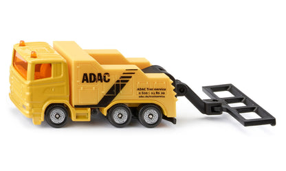 A yellow toy ADAC Truckservice tow truck with an extended black recovery arm on a white background