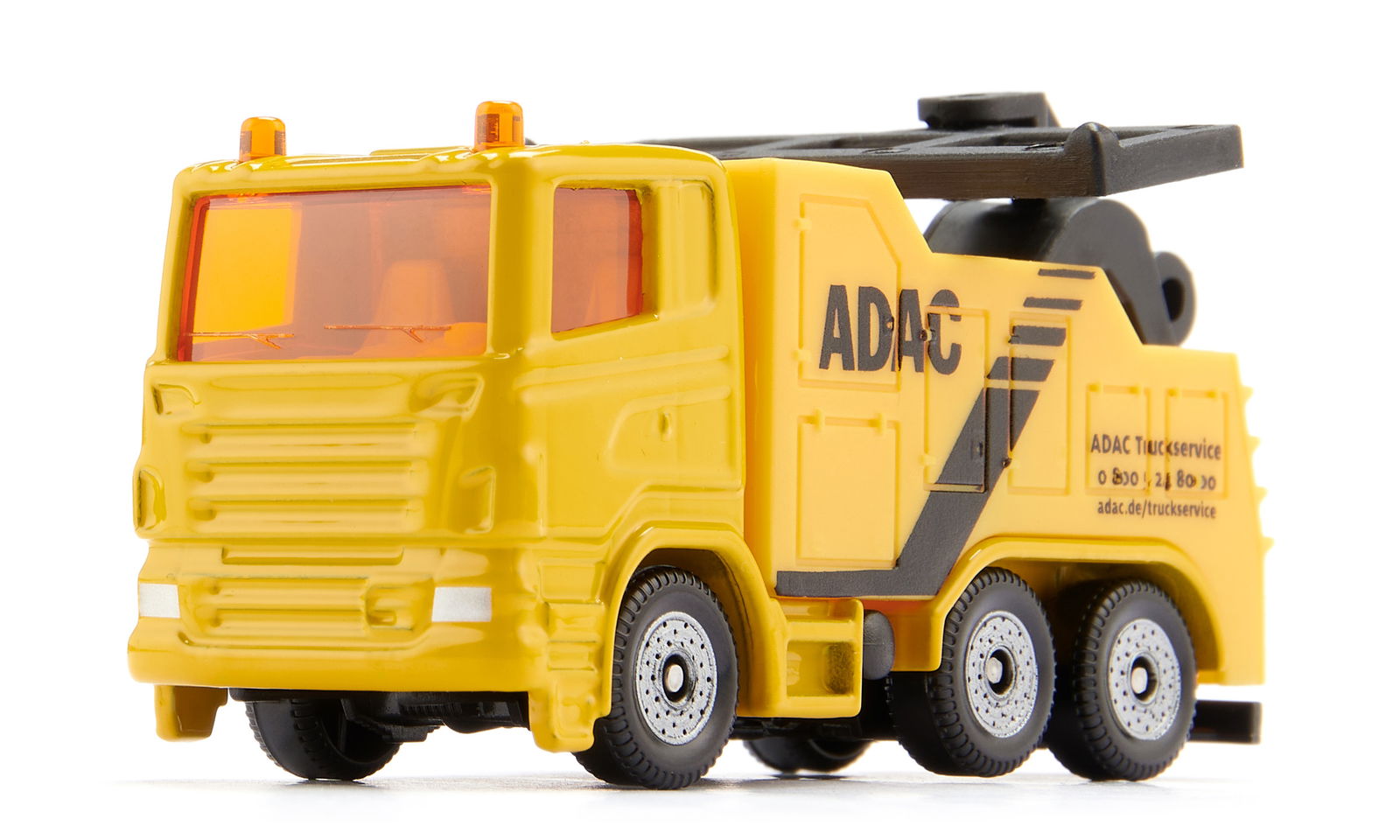 Yellow ADAC model service truck with orange roof lights and a black tow arm, on a white background