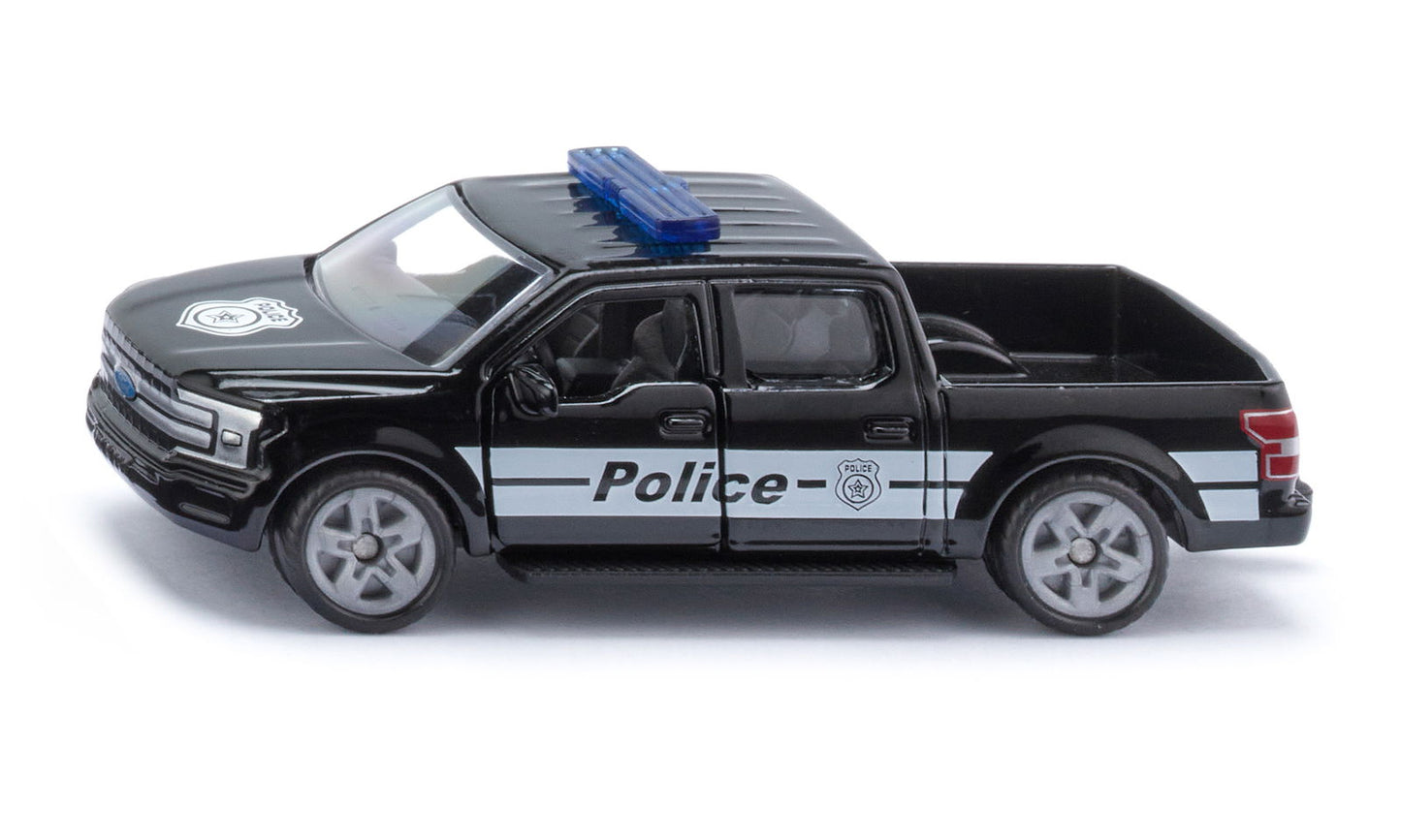 Black die-cast Siku Ford F-150 US police truck, shown in side view, with white "Police" text and blue roof light