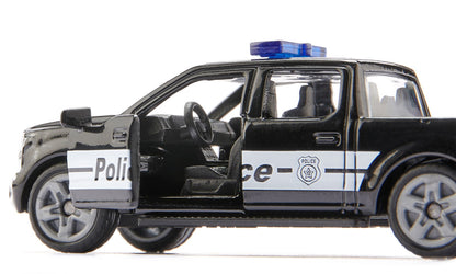 Close-up of a black die-cast Siku Ford F-150 US police truck model with the driver's side door open