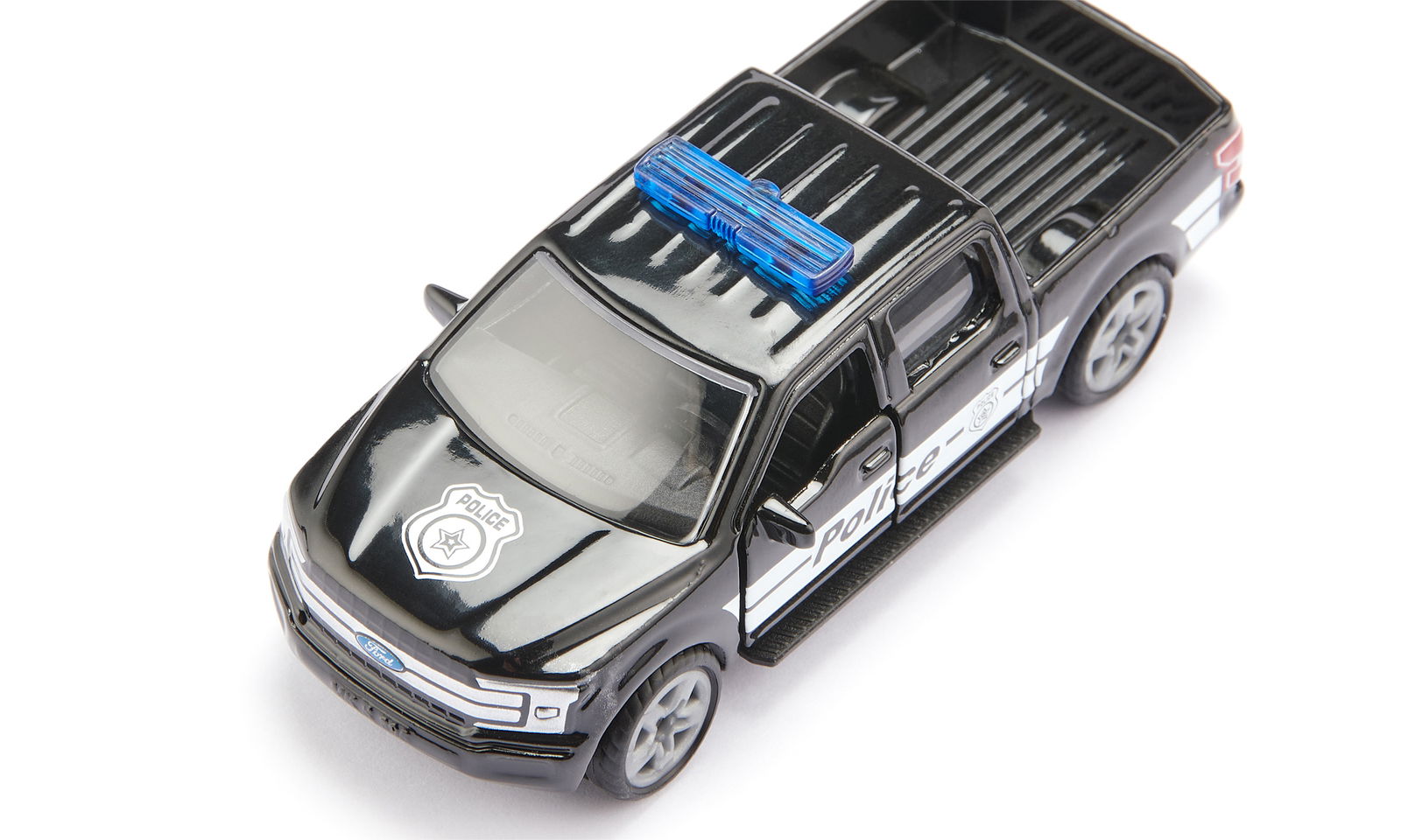 Black die-cast toy Siku Ford F-150 US police truck featuring a blue emergency light bar, displayed on a white surface