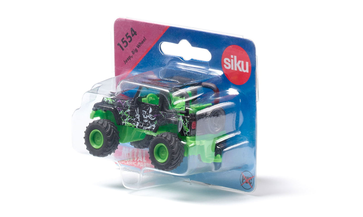 Black and green Siku 1554 "Jeep Big Wheel" toy monster truck with skull design, packaged in clear plastic