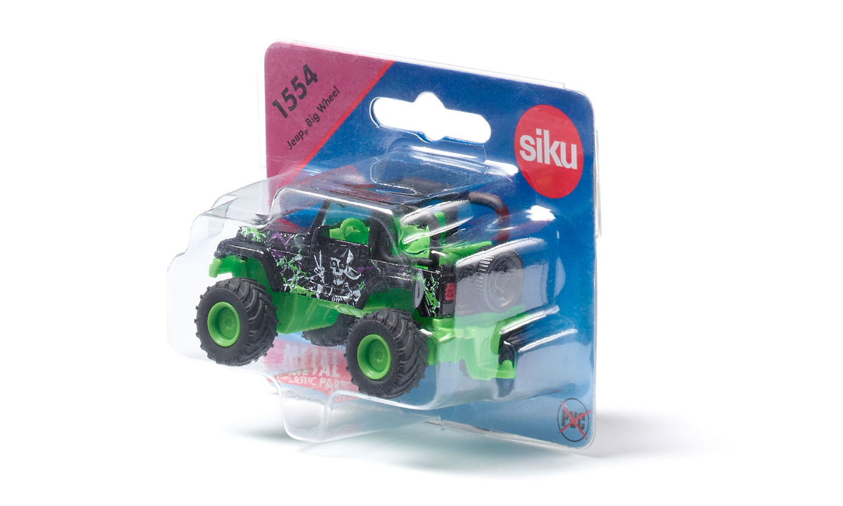 Black and green Siku 1554 &quot;Jeep Big Wheel&quot; toy monster truck with skull design, packaged in clear plastic