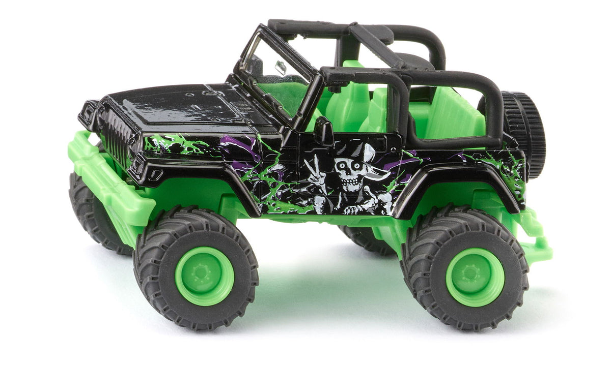 Black toy Jeep Big Wheel with bright lime green chassis, interior, and wheel hubs, featuring a pirate skull on its side