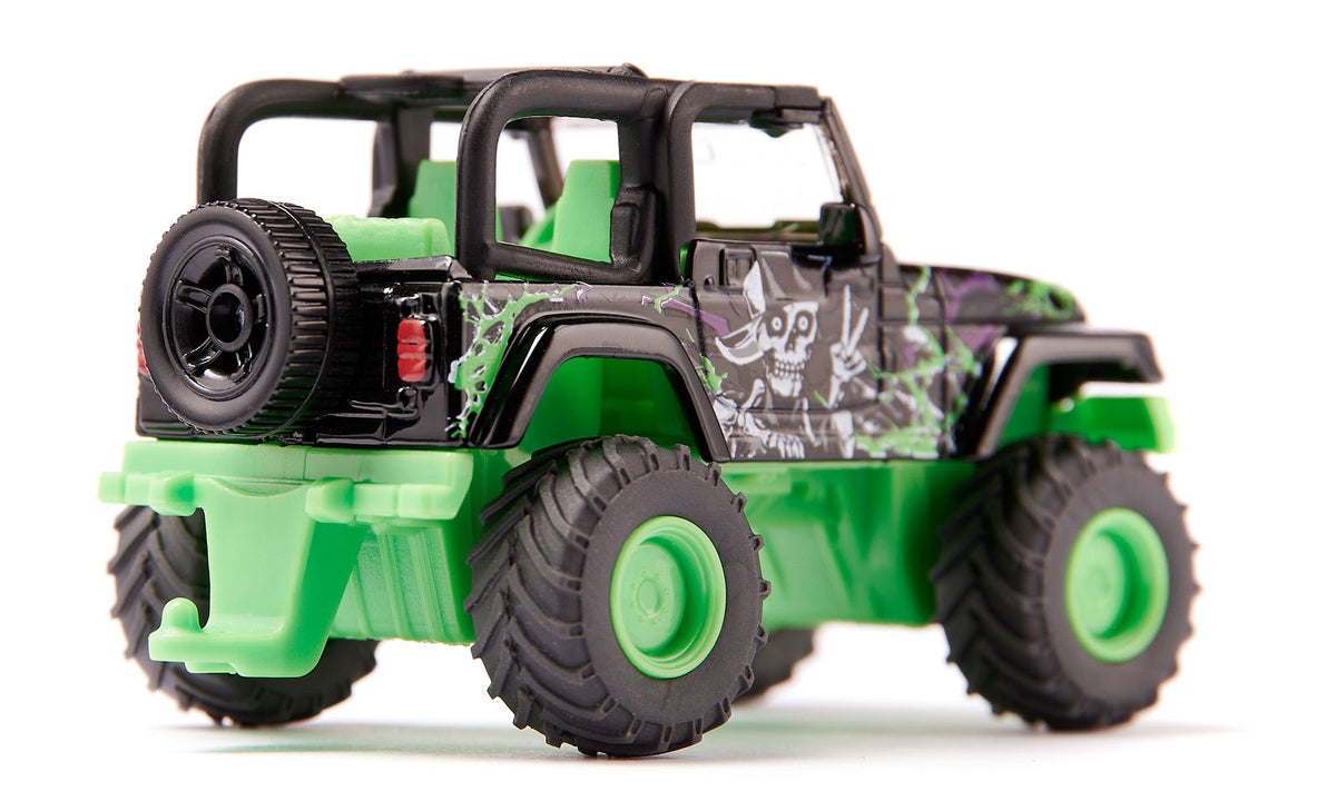 Black and lime green toy Jeep Big Wheel with skull graphics, rear-right view