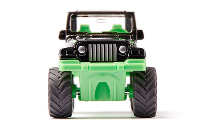 Black and bright green toy Jeep Big Wheel with large tires, front view on white