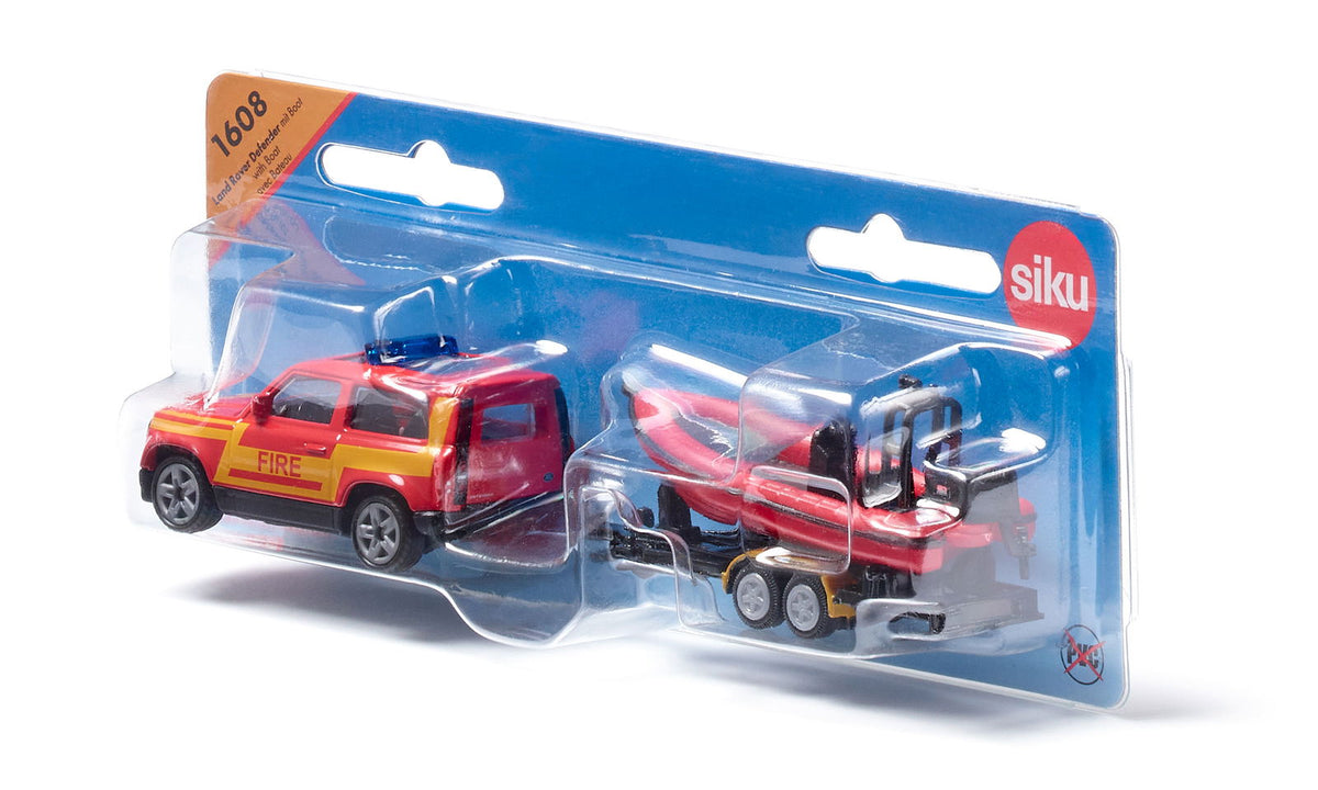 Siku set: red Land Rover Defender with a boat on a trailer, sealed in blister packaging