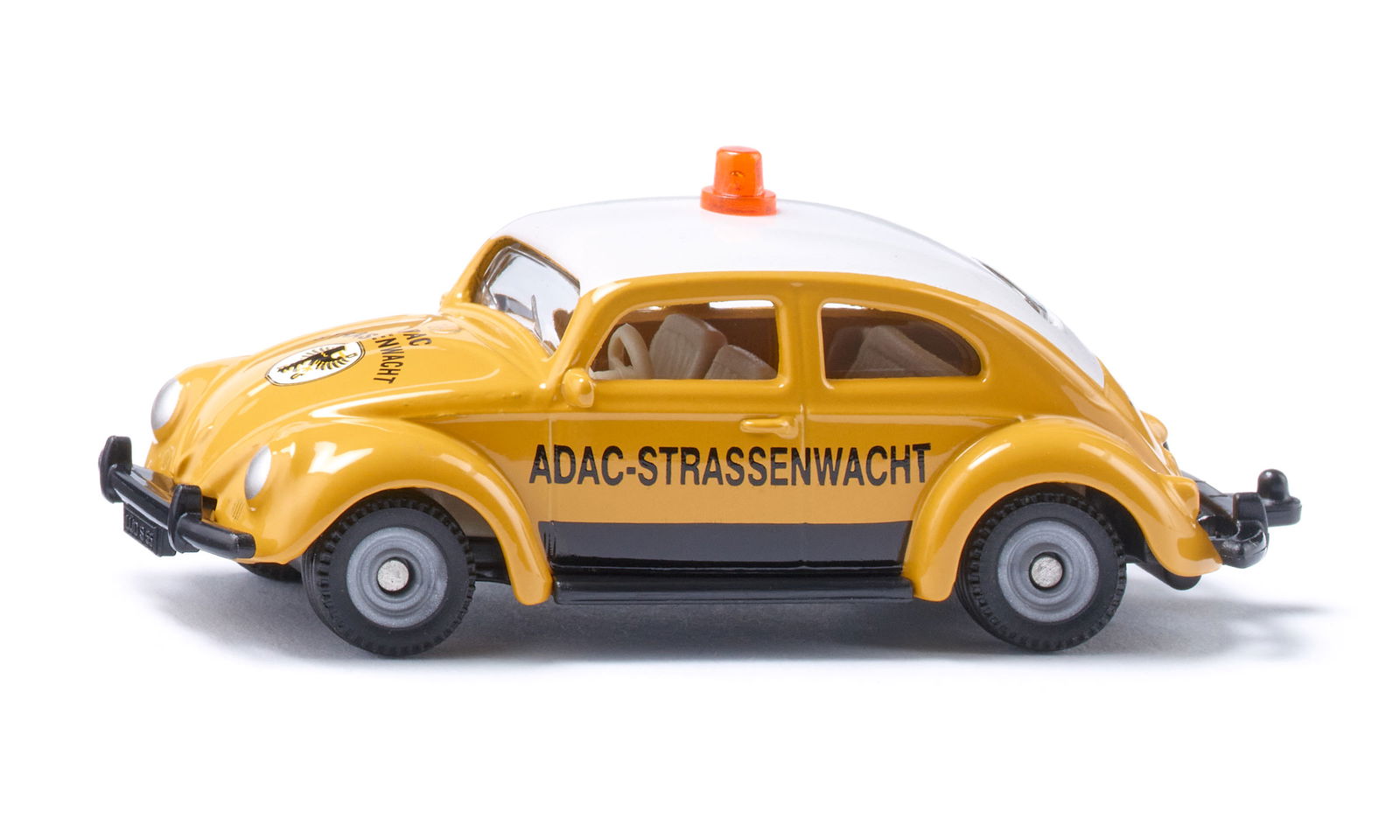 Yellow ADAC "Strassenwacht" VW Beetle scale model with white roof and orange beacon light