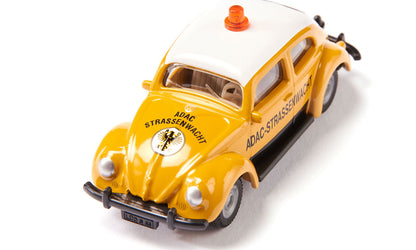 Yellow ADAC Strassenwacht VW Beetle model car with a white roof and orange beacon