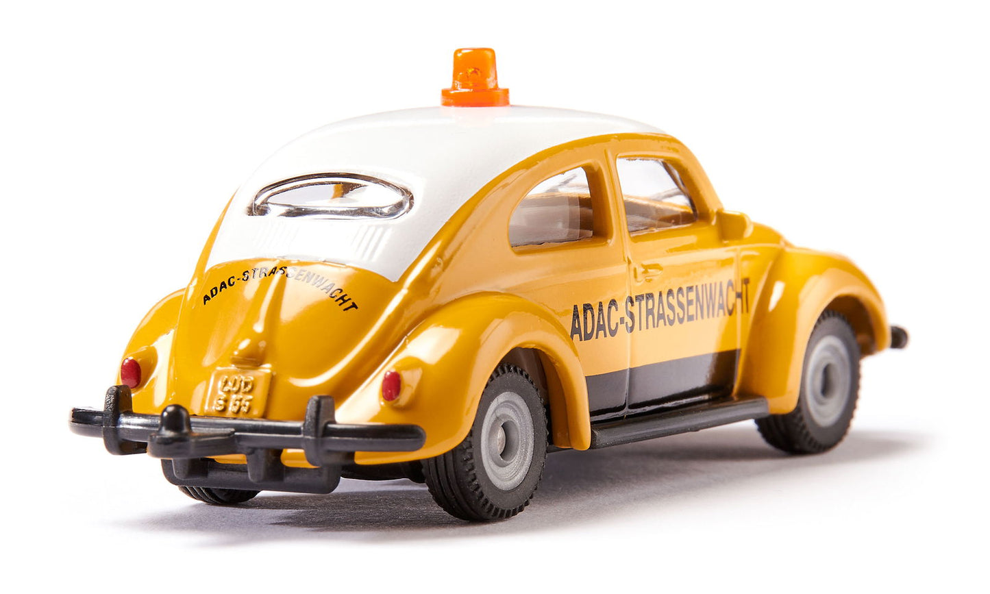 Yellow ADAC Strassenwacht VW Beetle model car with a white roof and orange beacon, viewed from the rear