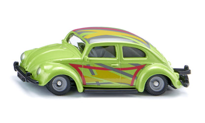 Green Siku Vw Beetle Custom toy car with colorful racing stripes, isolated on a white background