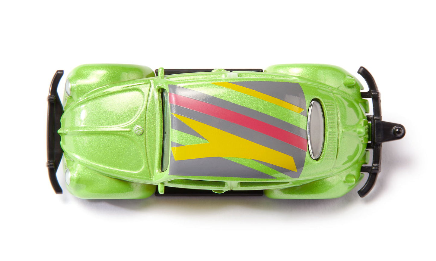 Overhead view of a shiny lime green Siku Vw Beetle Custom toy car with colorful diagonal stripes on the roof