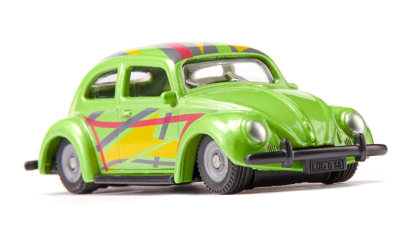 Die-cast Lime green Siku Vw Beetle Custom toy car with colorful racing decals on the side and roof