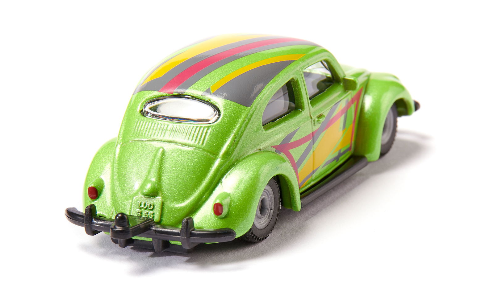 Lime green die-cast Siku Vw Beetle Custom toy car featuring colorful custom racing graphics, viewed from the rear