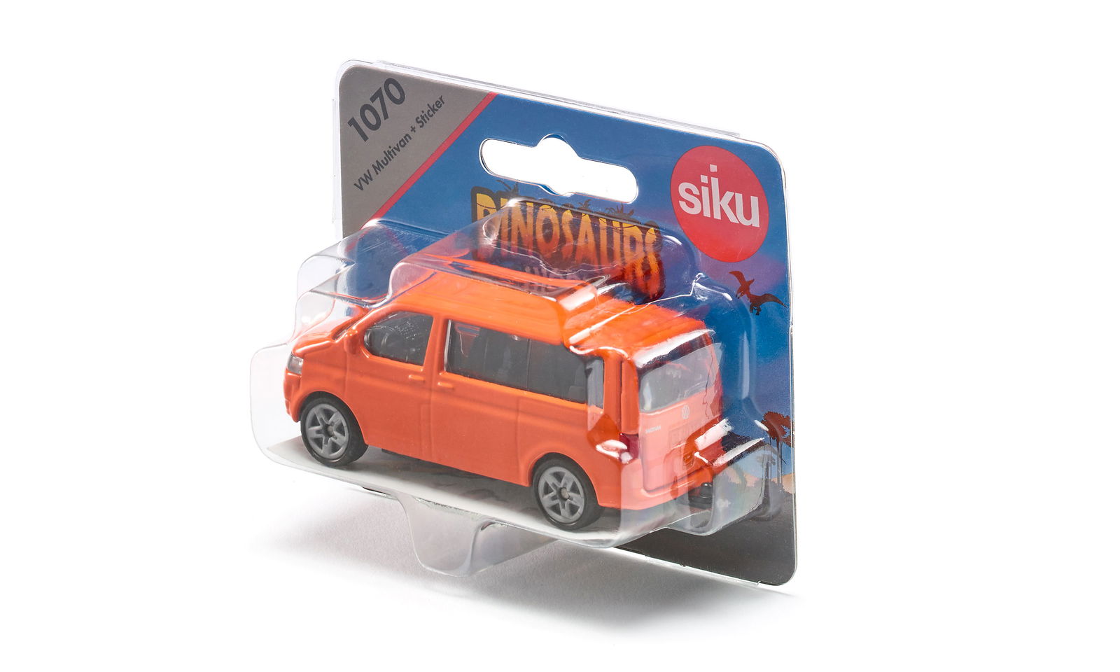 Orange Siku VW Multivan toy in clear blister packaging, featuring a blue card with "DINOSAURS" text