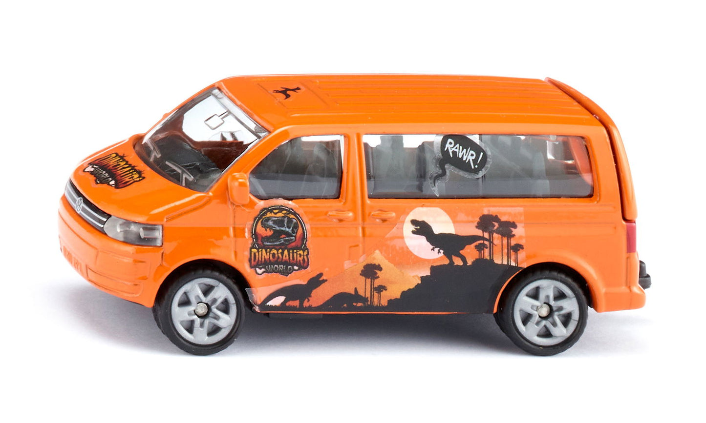 Orange "Dinosaurs World" VW Multivan toy with dinosaur silhouettes, a sunset graphic, and a "RAWR!" speech bubble